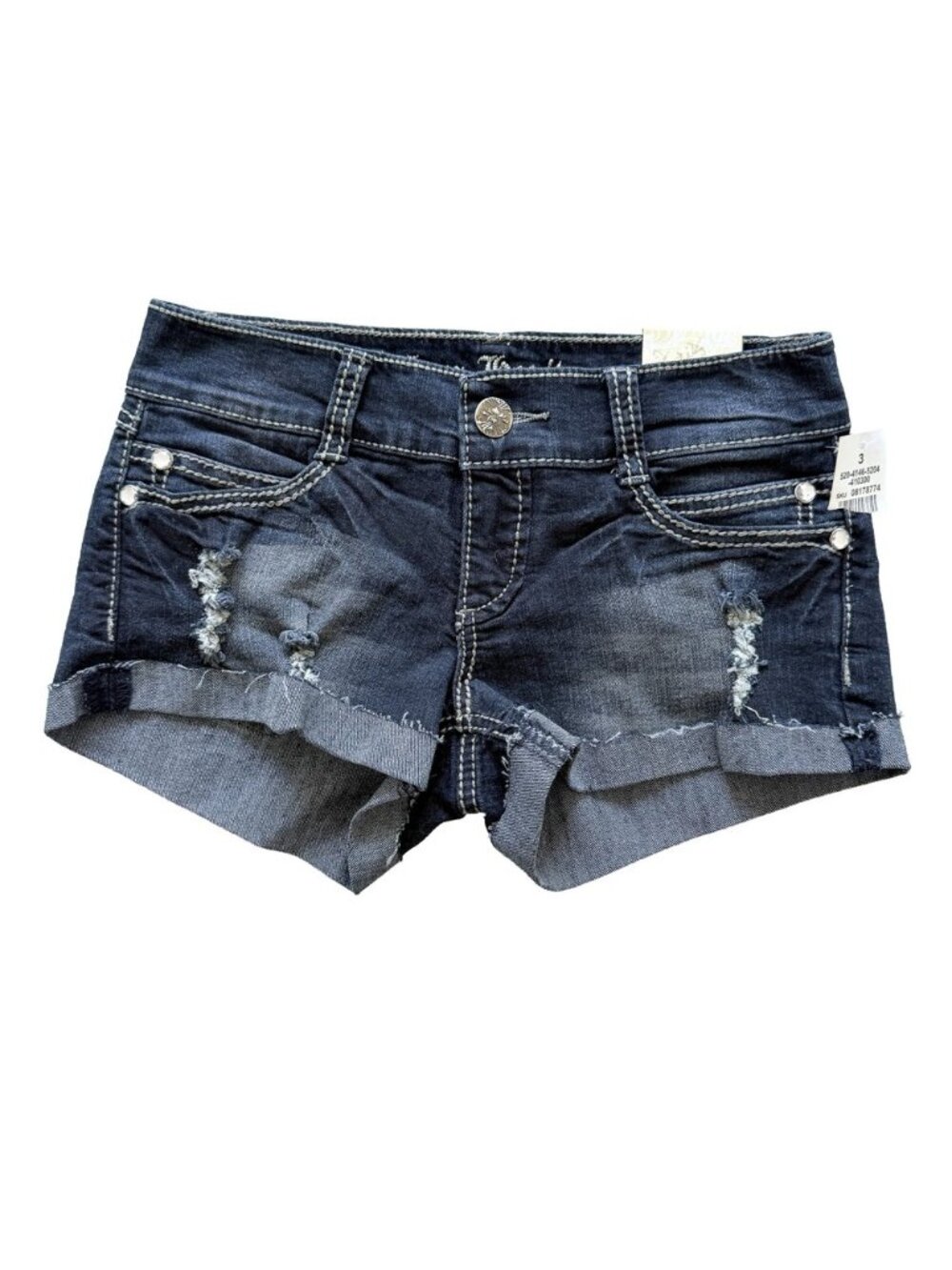 Urban Heritage Women Dark Wash Distressed Rhinestone Denim Shorts Size 3 Y2K